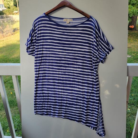 Michael Kors Size L Woman’s Top Striped Blue/ White Short sleeves Knot - Picture 1 of 8